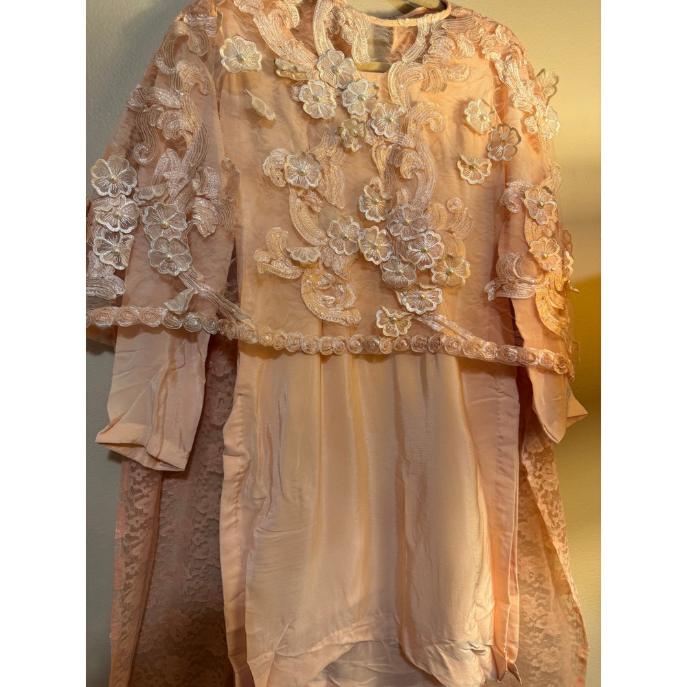 Peach Lace Floral Applique Tunic and Champagne Satin Pants Set Formal 2 Piece